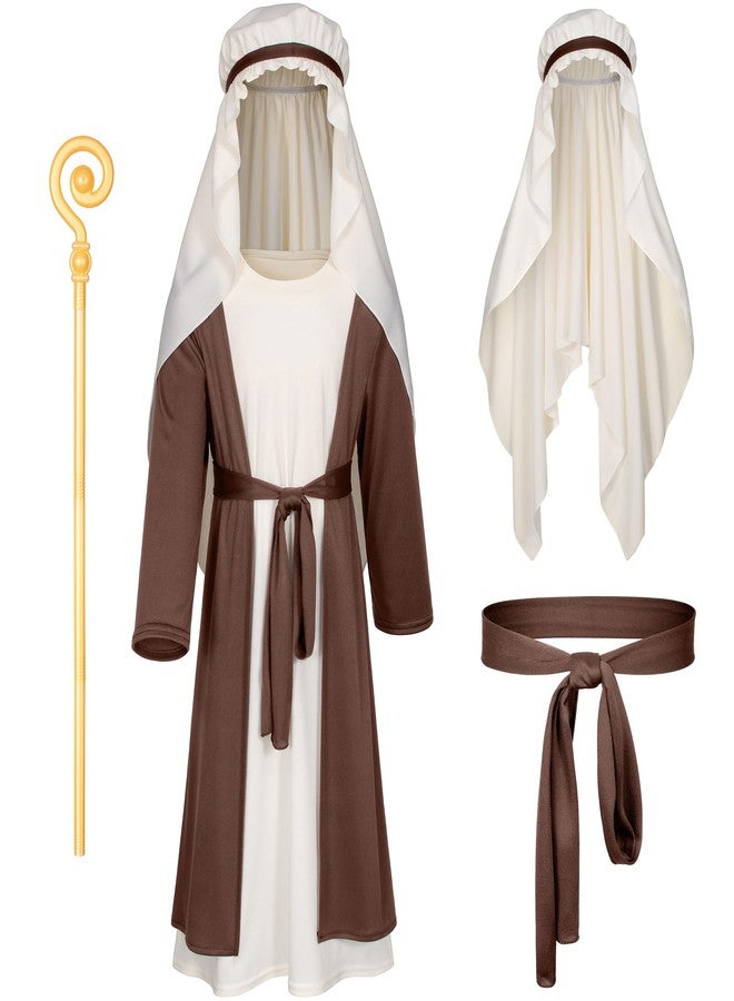 Irtysh Kids Biblical Saint Joseph Costume Jesus Robe Fancy Dress Sherherd Costume Staffs Headwrap Hat Waist Rope Set(Brown 140) - Image 1